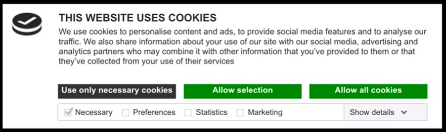 A cookie banner pop with a explanation paragraph and buttons to select cookie options