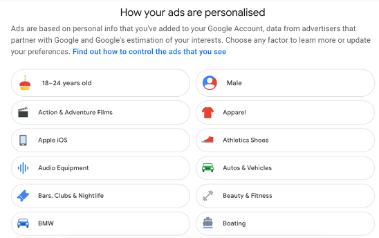 The advertising preference screen for a google user, includes a brief title and then followed by preference categories